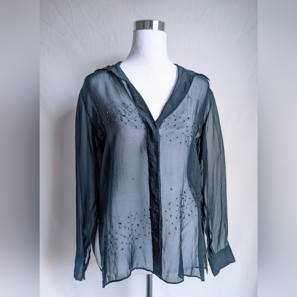 Vintage Silk Sheer Organza Chiffon Beaded Button Down Blouse Black Top